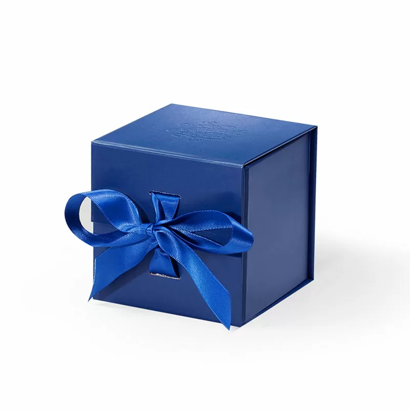 Small Cube Navy Blue Magnetic Gift Box with Ribbon - Geotobox