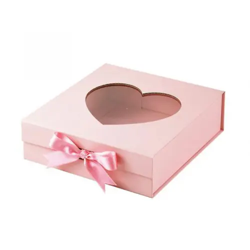 A5 square pink gift box with window and ribbon
