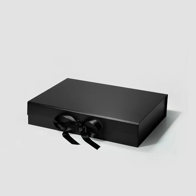 A4 Shallow Black Magnetic Gift Box with Ribbon
