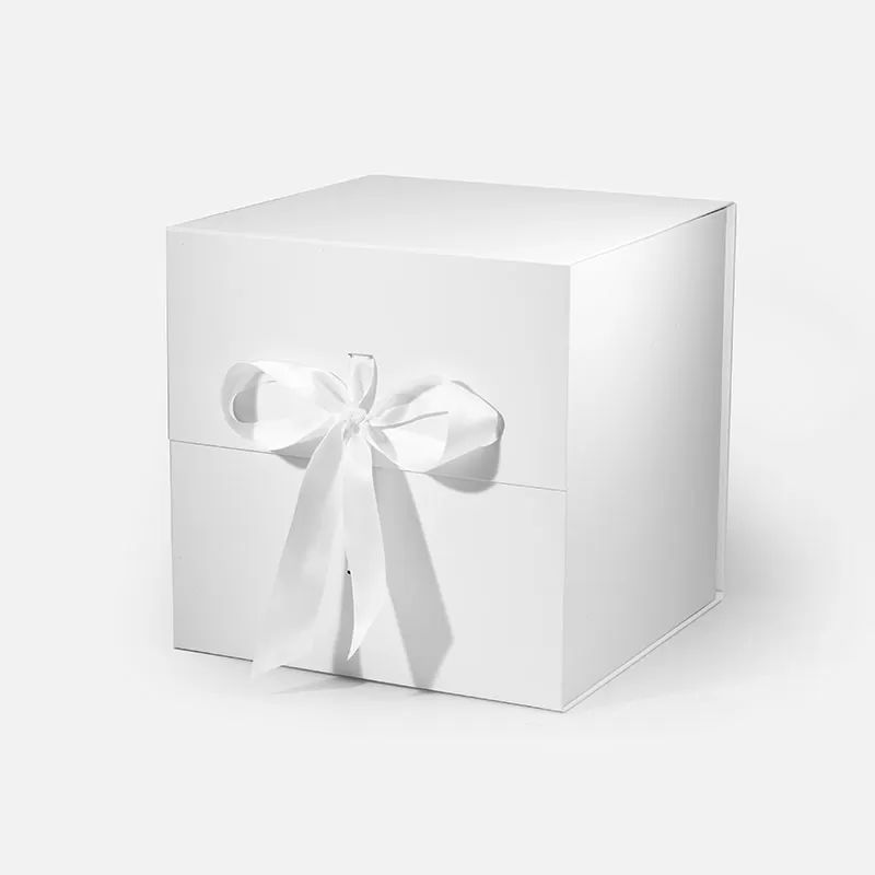 Medium Cube White Magnetic Gift Box with Ribbon